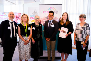 Speakers at the CarerHelp launch with guests (from left to right) Professor Peter Hudson of Centre for Palliative Care; Ms Nicole Fitzgerald, Director of Department of Health’s Palliative Care Section; Carers Australia CEO Ms Ara Cresswell; carer representative Mr Khang Chiem; Shadow Assistant Minister for Carers Emma McBride MP, and Research Centre for Palliative Care, Death and Dying Director Professor Jennifer Tieman. 