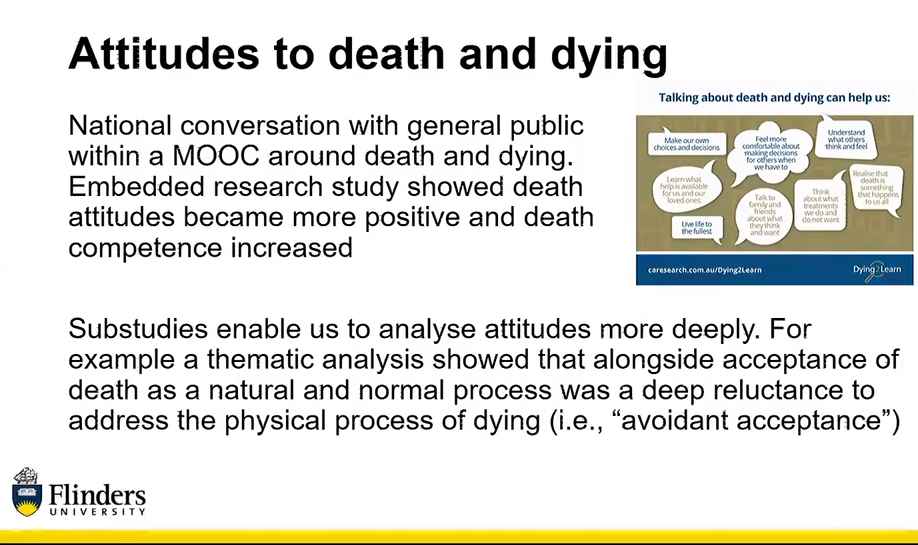 An example of a slide from Professor Tieman's lecture, entitled 'Attitudes to death and dying"