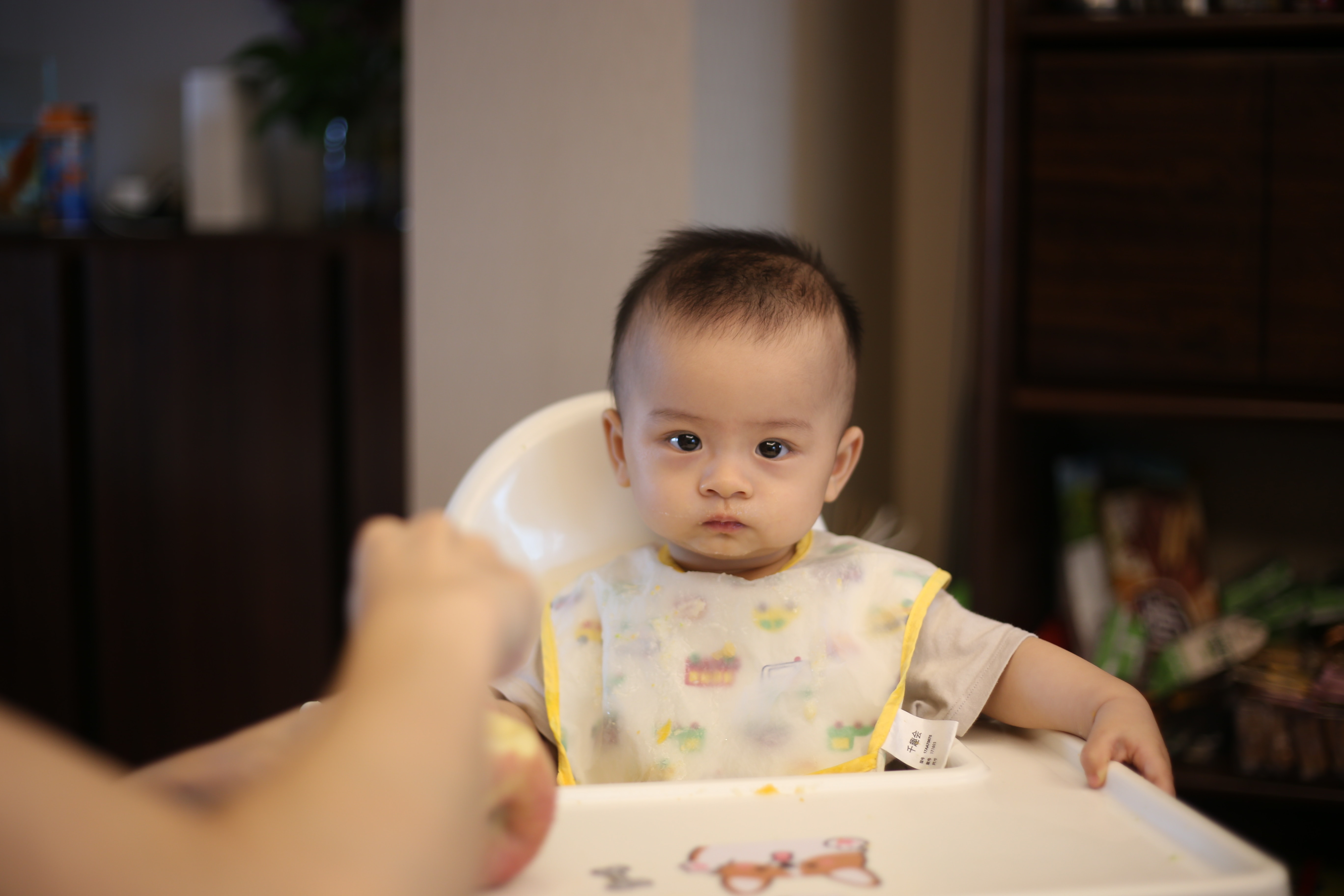 A baby of around 6 months of ages sits in a high chair with an adult's partly visible to the side of the image