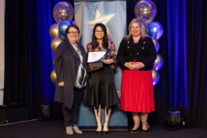 Thao Hoang won the Partnering with Carers category at the 2022 Department for Child Protection (DCP) SA Recognition Awards. From left, DCP Chief Executive Cathy Taylor, Thao Hoang and Minister for Child Protection Katrine Hildyard MP.