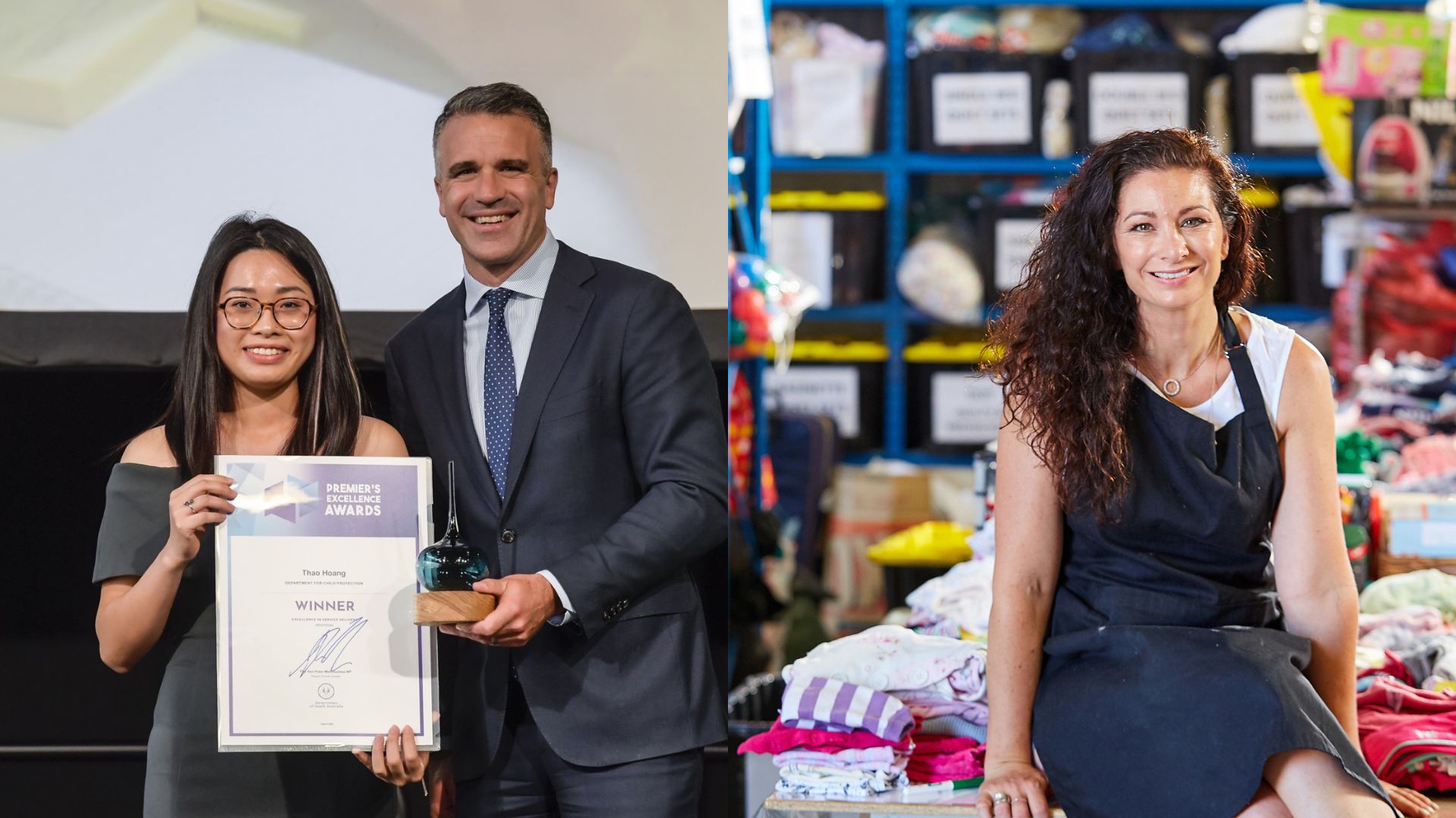 Thao Hoang being presented her Premier's Excellence Award by Peter Malinauskas MP (left) and Rikki Cooke in her Treasure Boxes warehouse (right)