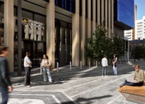 students standing outside Flinders City Campus in Adelaide.