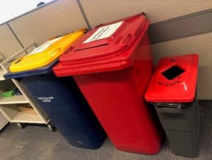 Paper recycling bins in library staff area