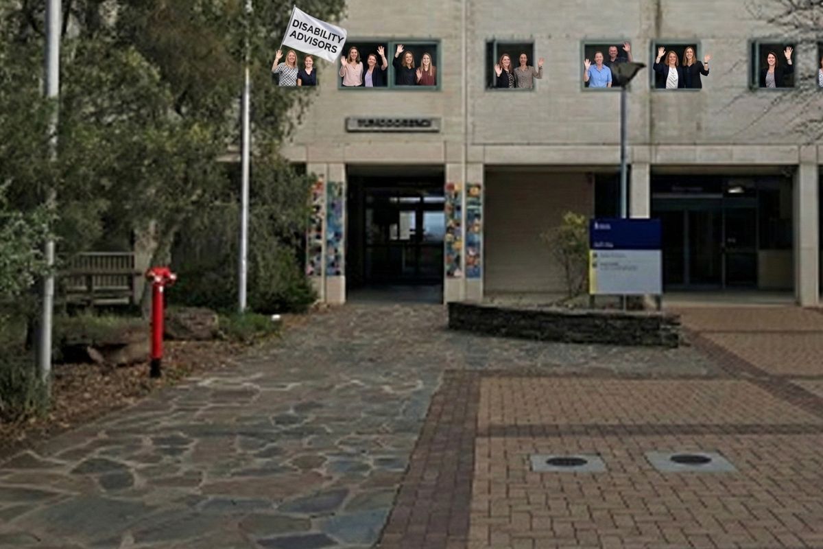 A mock photo of disability advisors waving from the 3rd floor of student centre